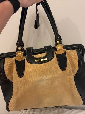 Vintage Miu Miu Linen and Leather Satchel with rose gold hardware